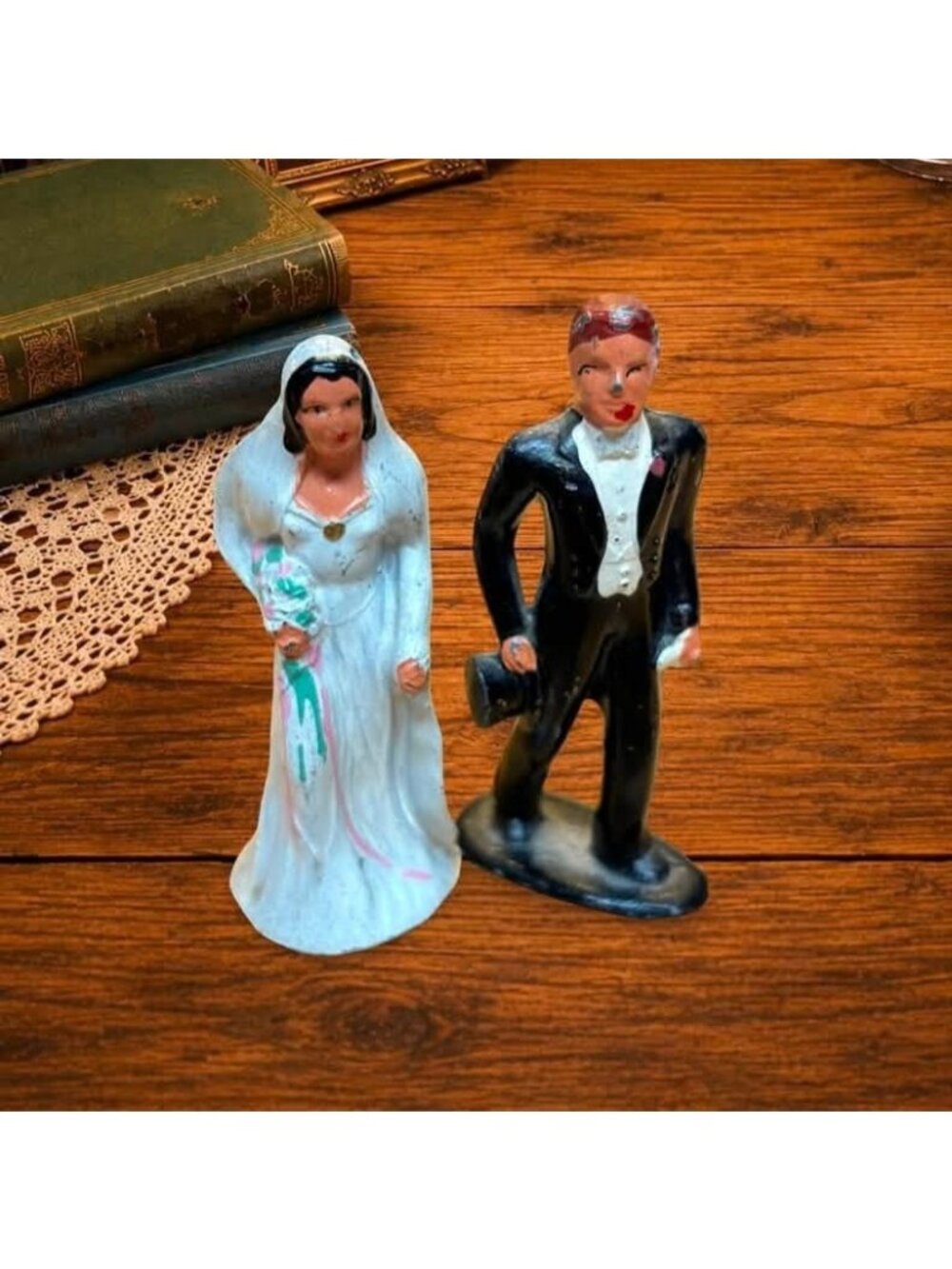 Vintage Cast Iron Bride & Groom Wedding Cake Toppers Hand-Painted Collectibles